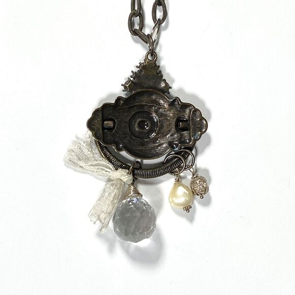 Victorian Style Necklace Antiqued Door Knocker Charms Rhinestone Chunky Handmade - Picture 7 of 13